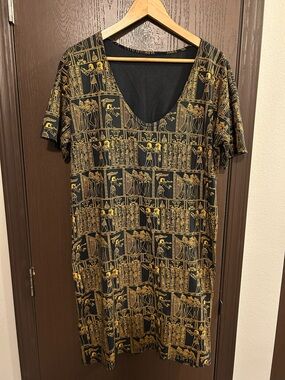 Vtg Egyptian Print Black and Orange Cotton V-Neck Dress XL